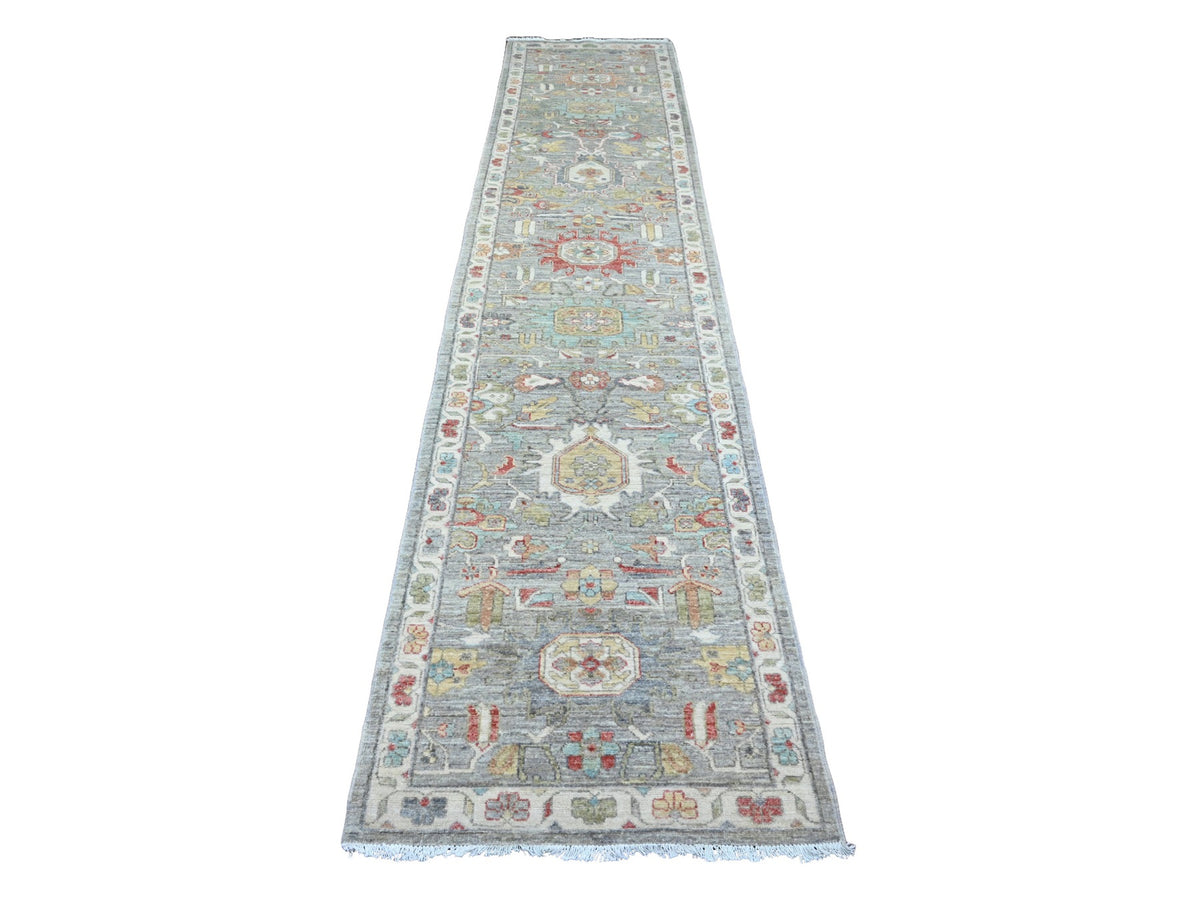 Heriz Oushak hand-knotted wool runner in Gray & Ivory, 2'7" x 12'3" — SKU O020920