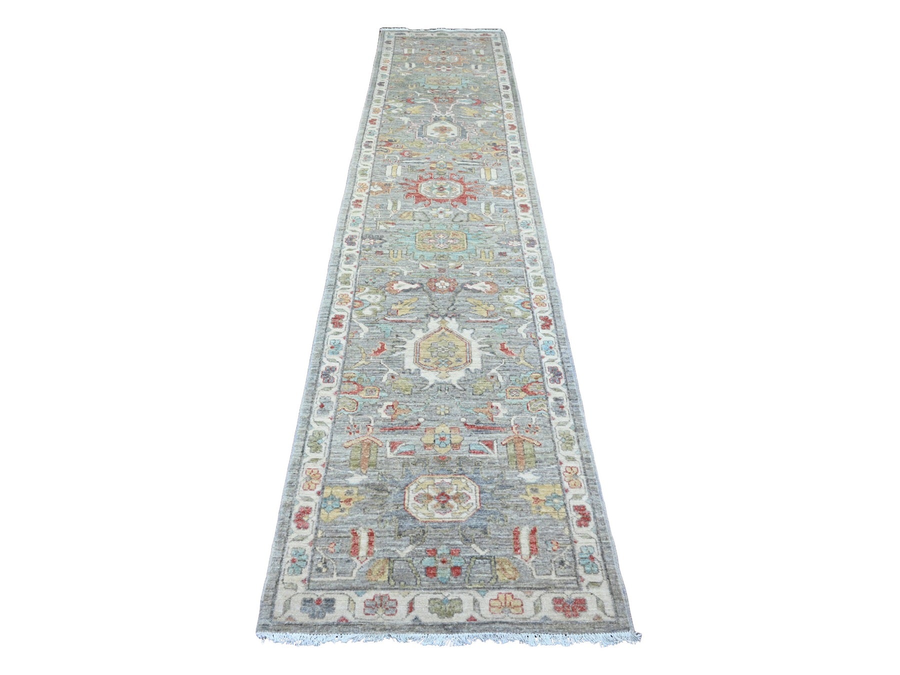 Heriz Oushak hand-knotted wool runner in Gray & Ivory, 2'7" x 12'3" — SKU O020920