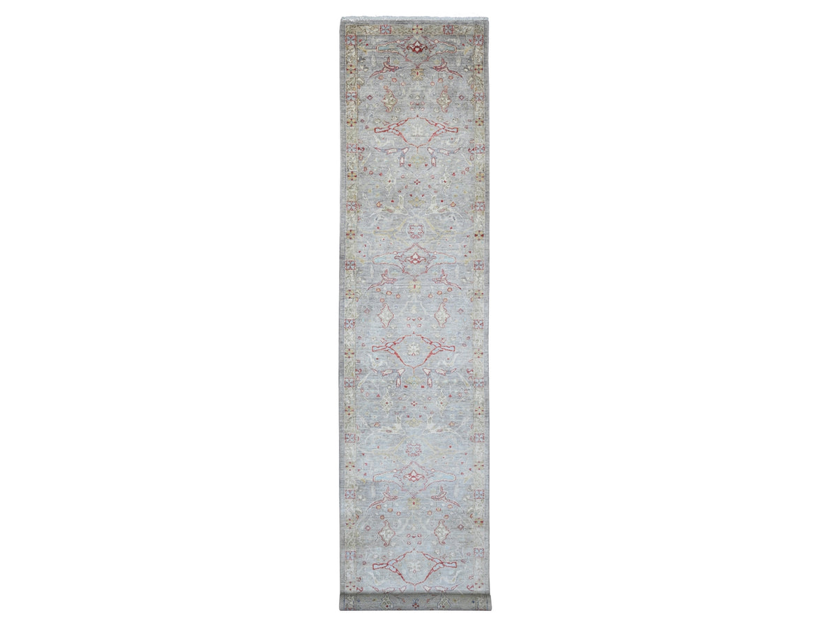 Peshawar Oushak hand-knotted wool runner in Gray & Ivory, 3'1" x 15'10" — SKU O020921