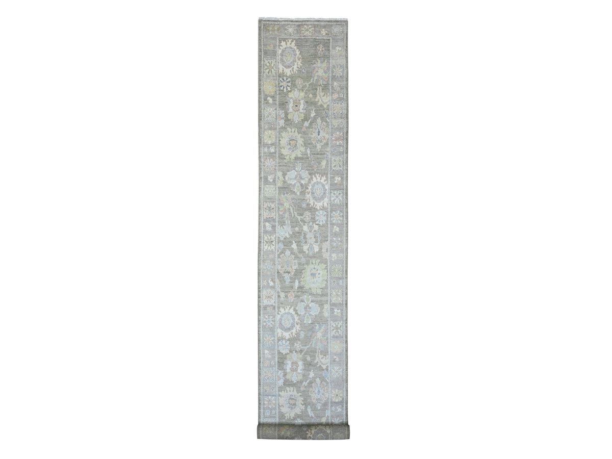Oushak Oushak hand-knotted wool runner in Green & Gray, 2'11" x 19'10" — SKU O020931
