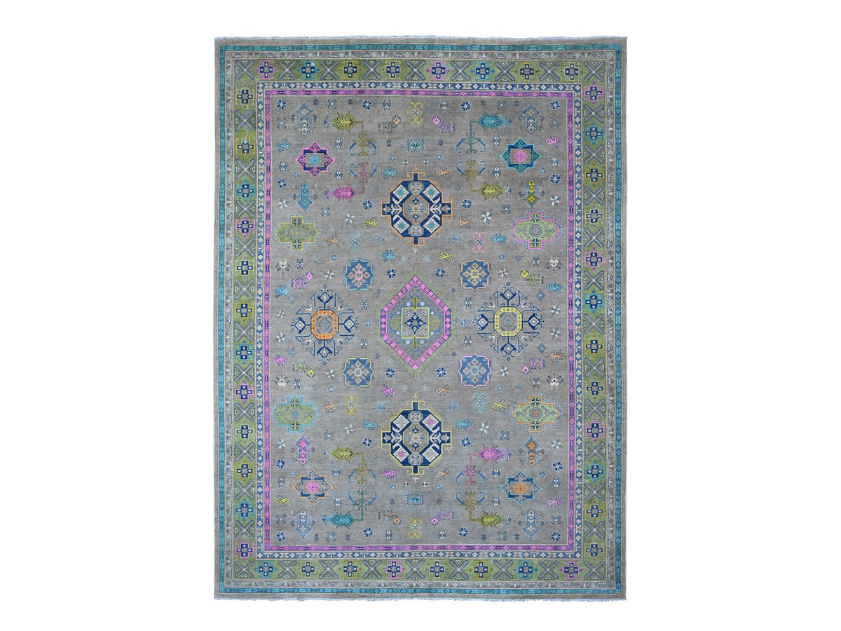 Kazak Kazak hand-knotted wool rug in Gray & Green, 9'9" x 13'2" — SKU O020973