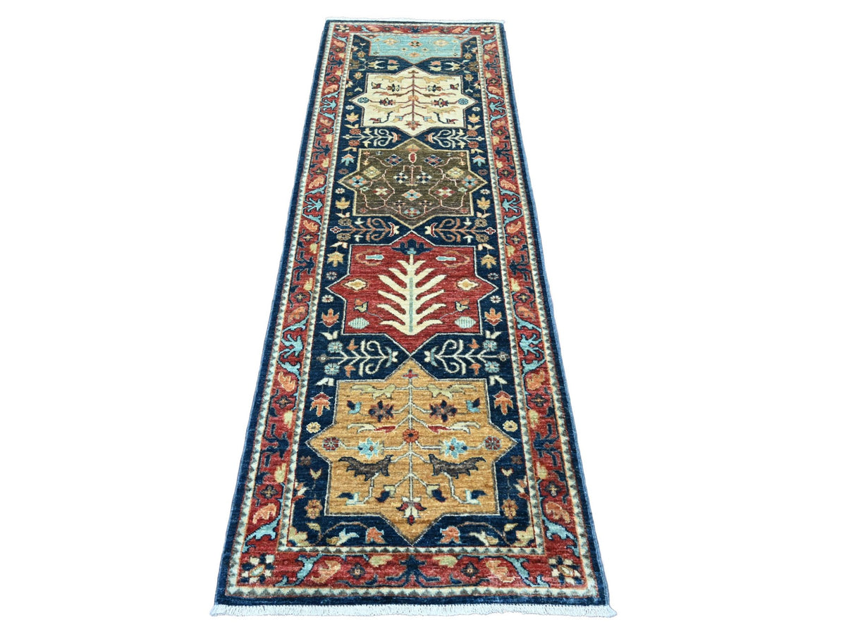 Peshawar Oushak hand-knotted wool runner in Blue & Red, 2'7" x 7'10" — SKU O020980