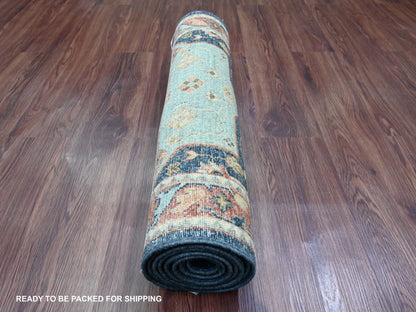 Blue 2'7" x 7'10" Oushak And Peshawar Hand knotted Wool Rug - Sku: O020980