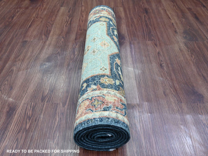 Blue 2'6" x 7'10" Oushak And Peshawar Hand knotted Wool Rug - Sku: O020990