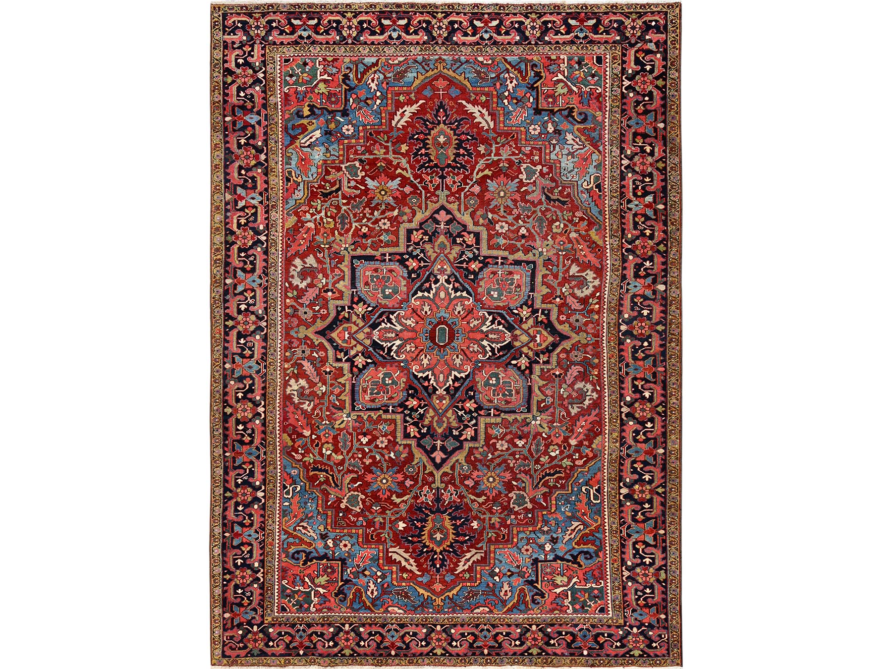 Heriz Antique hand-knotted wool rug in Red & Midnight Blue, 8'9" x 12'2" — SKU O02100