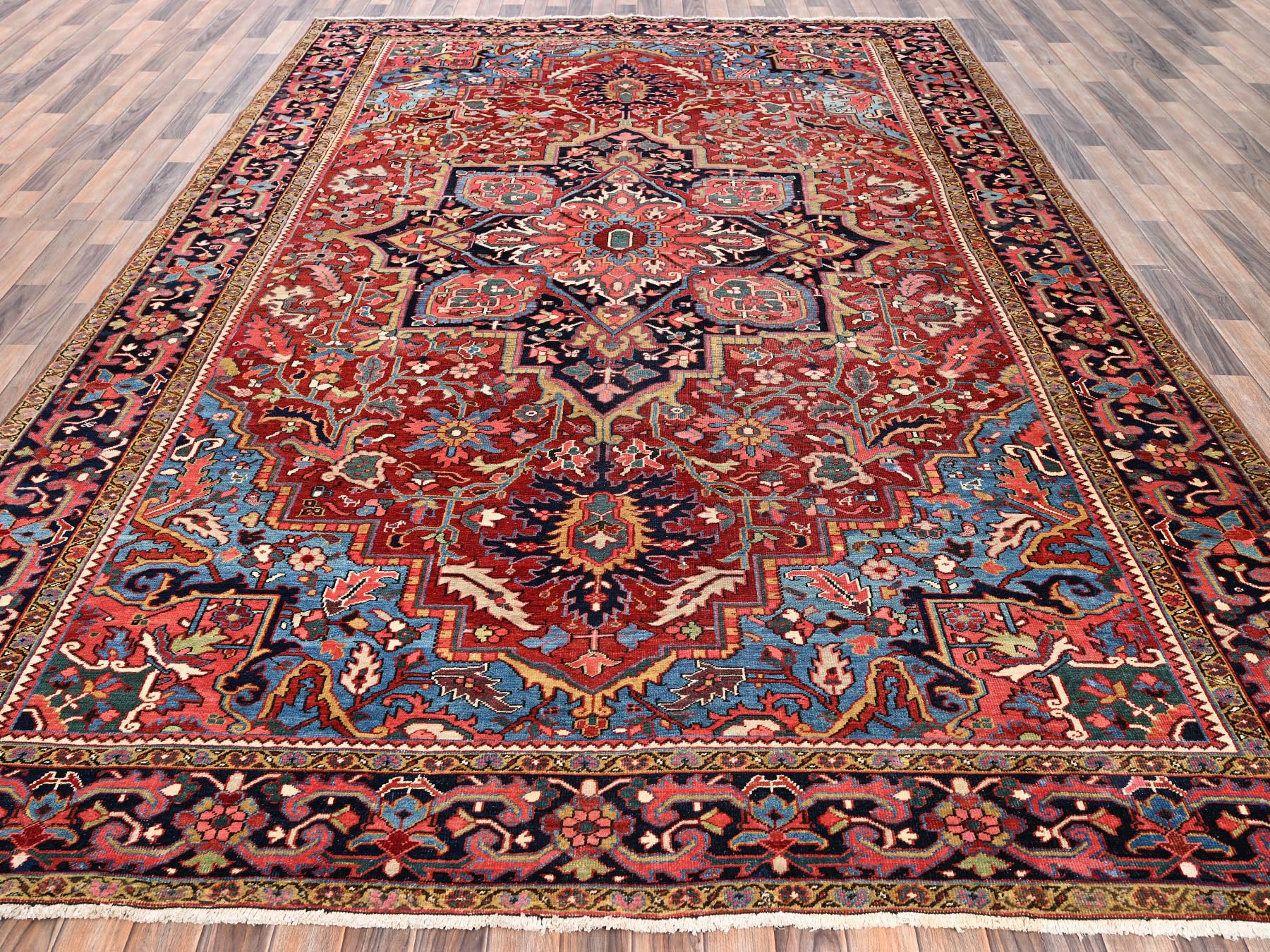 Heriz Antique hand-knotted wool rug in Red & Midnight Blue, 8'9" x 12'2" — SKU O02100 (view 2)