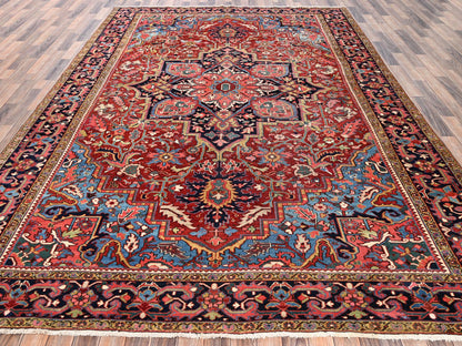 Heriz Antique hand-knotted wool rug in Red & Midnight Blue, 8'9" x 12'2" — SKU O02100 (view 2)