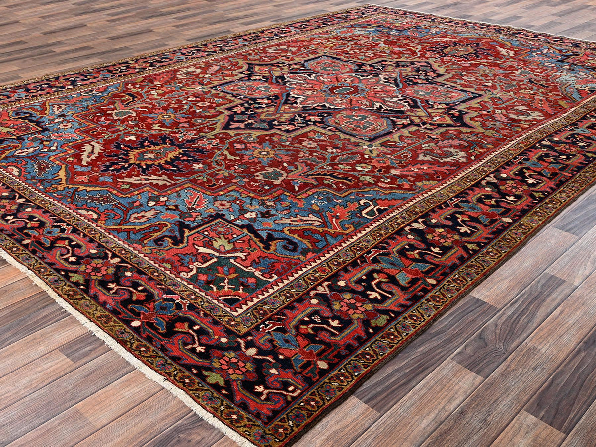 Heriz Antique hand-knotted wool rug in Red & Midnight Blue, 8'9" x 12'2" — SKU O02100 (view 3)
