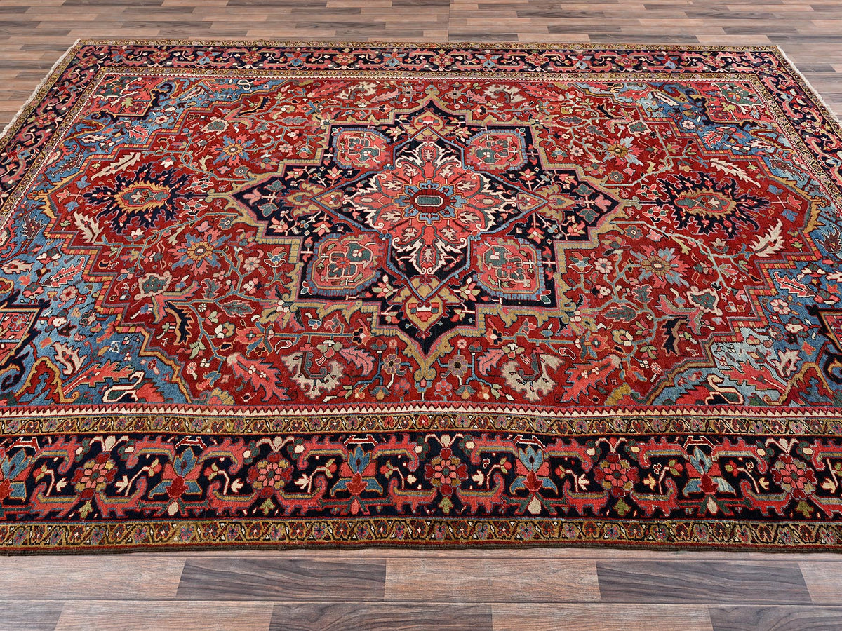 Heriz Antique hand-knotted wool rug in Red & Midnight Blue, 8'9" x 12'2" — SKU O02100 (view 4)