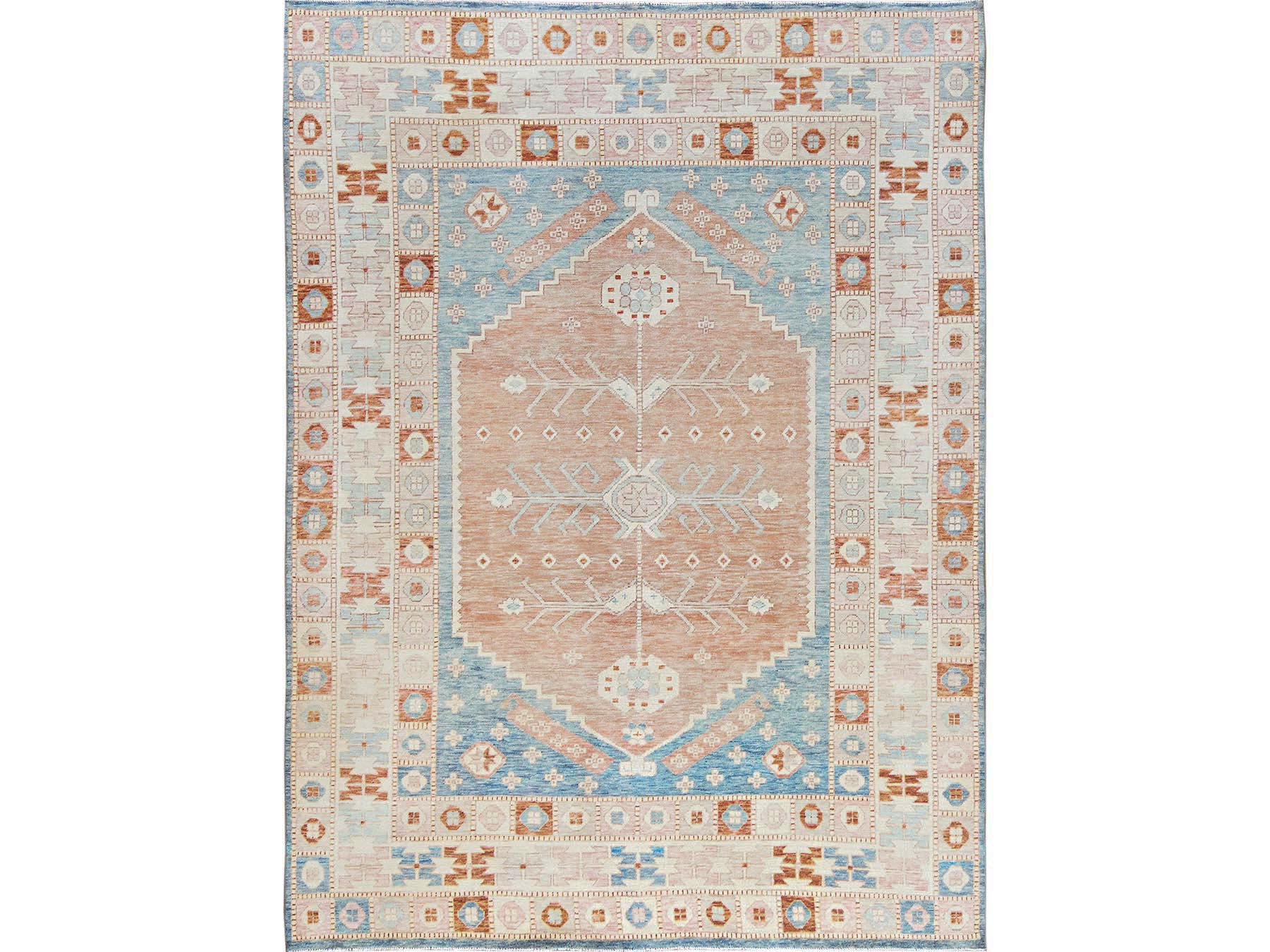 Blue 8'10" x 11'9" Oushak And Peshawar Hand knotted Wool Rug - Sku: O02104
