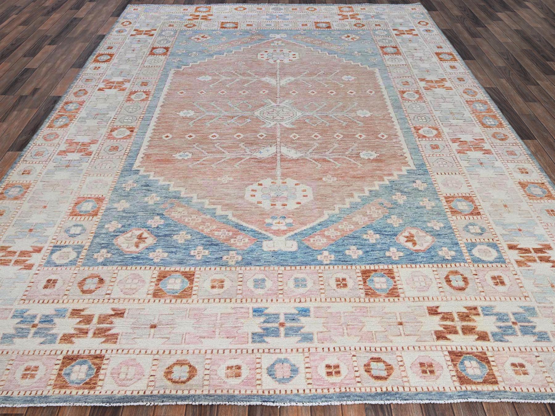 Blue 8'10" x 11'9" Oushak And Peshawar Hand knotted Wool Rug - Sku: O02104