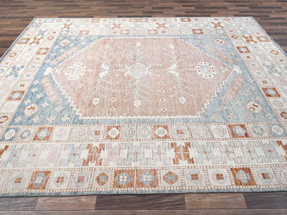 Blue 8'10" x 11'9" Oushak And Peshawar Hand knotted Wool Rug - Sku: O02104