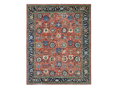 Tribal & Geometric hand-knotted wool rug in Red & Midnight Blue, 8'1" x 10' — SKU O021128
