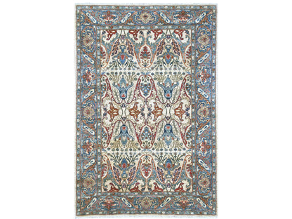 Tribal & Geometric hand-knotted wool rug in Ivory & Blue, 6' x 8'10" — SKU O021144