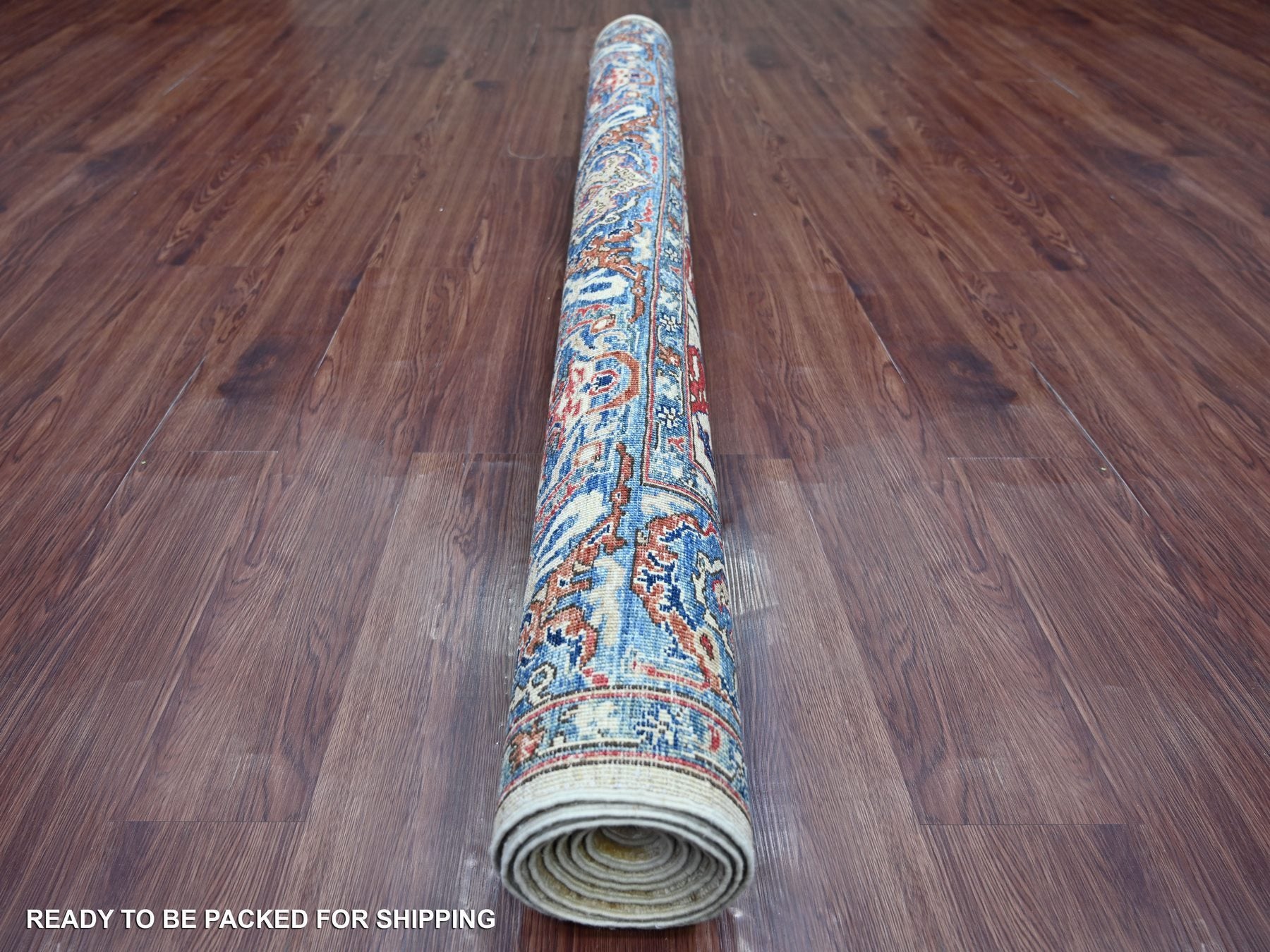 Tribal & Geometric hand-knotted wool rug in Ivory & Blue, 6' x 8'10" — SKU O021144 (view 4)