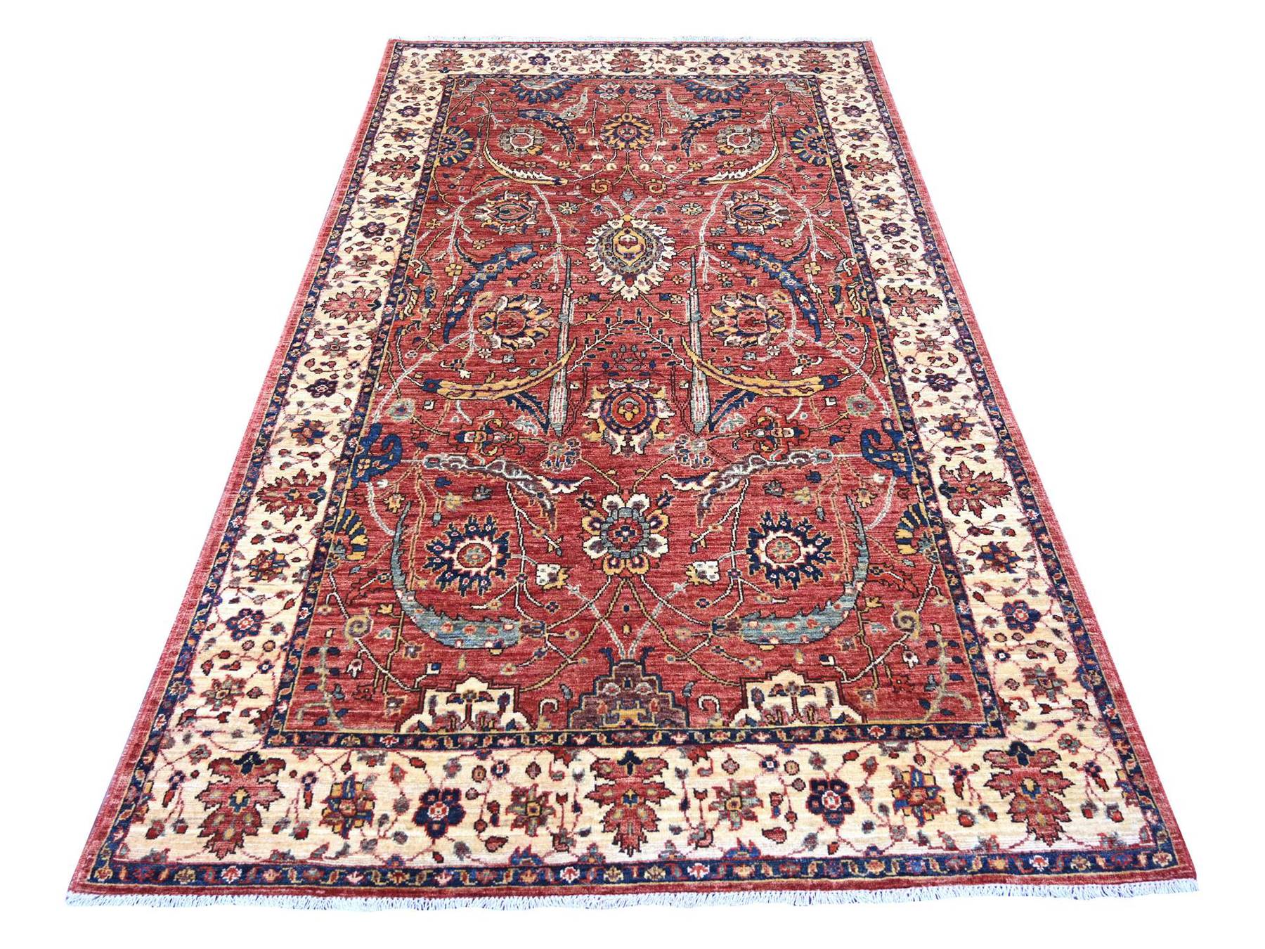 Tribal & Geometric hand-knotted wool rug in Red & Ivory, 5' x 8'2" — SKU O021147