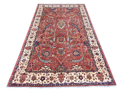Tribal & Geometric hand-knotted wool rug in Red & Ivory, 5' x 8'2" — SKU O021147