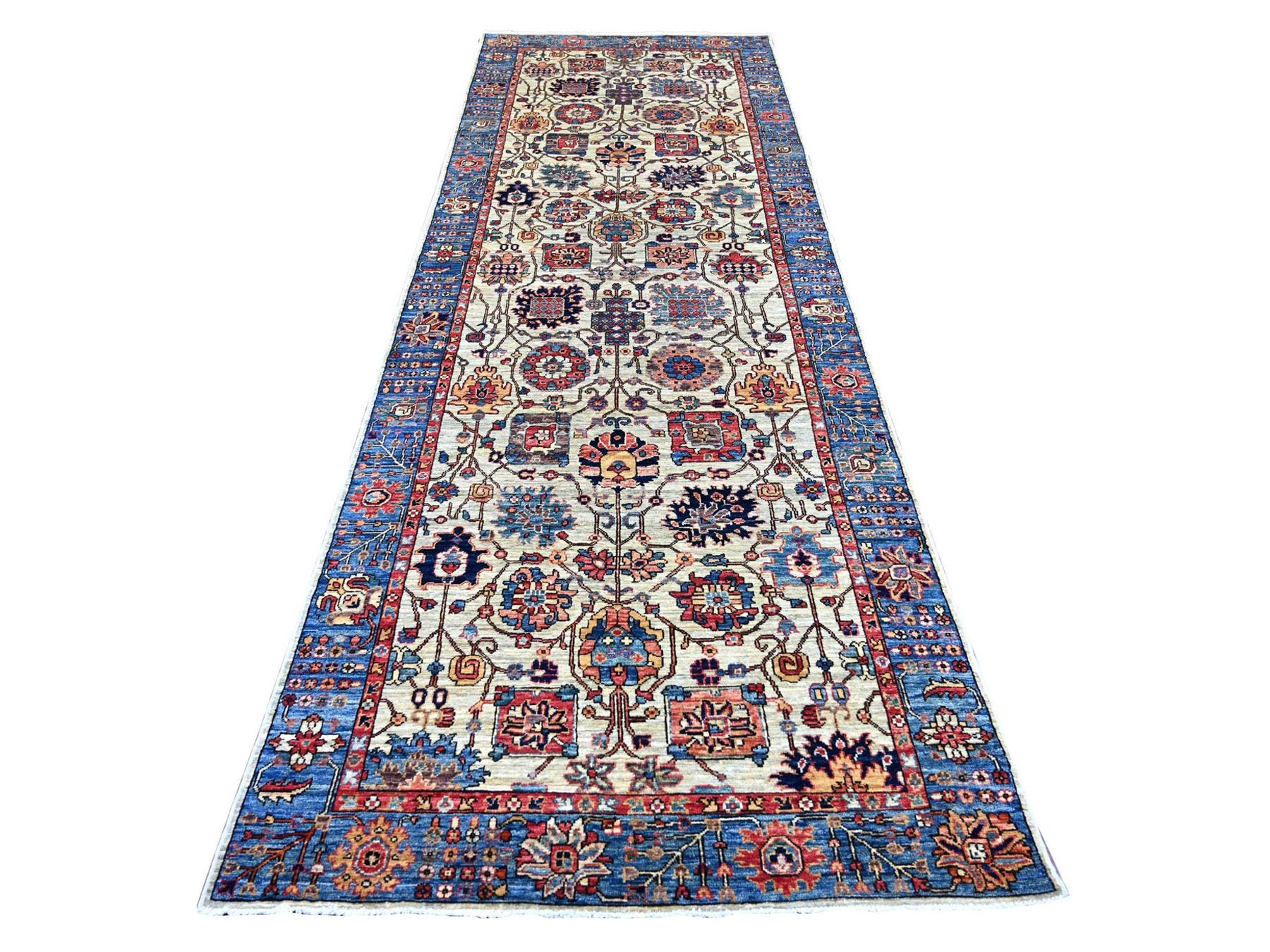 Tribal & Geometric hand-knotted wool runner in Gray & Blue, 4'1" x 11'8" — SKU O021150