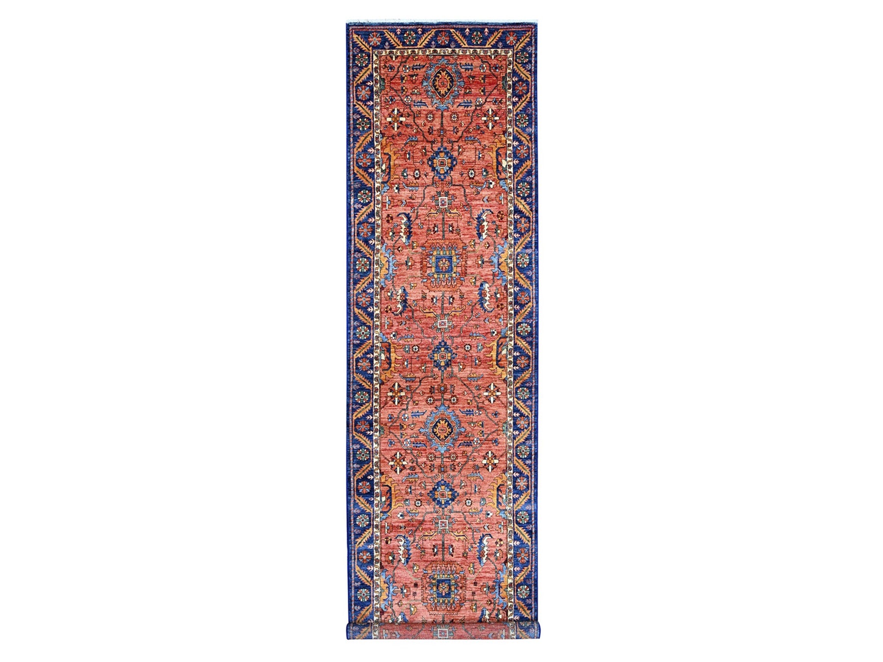 Heriz Tribal & Geometric hand-knotted wool runner in Red & Navy Blue, 3'8" x 15'9" — SKU O021151
