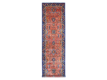 Heriz Tribal & Geometric hand-knotted wool runner in Red & Navy Blue, 3'8" x 15'9" — SKU O021151
