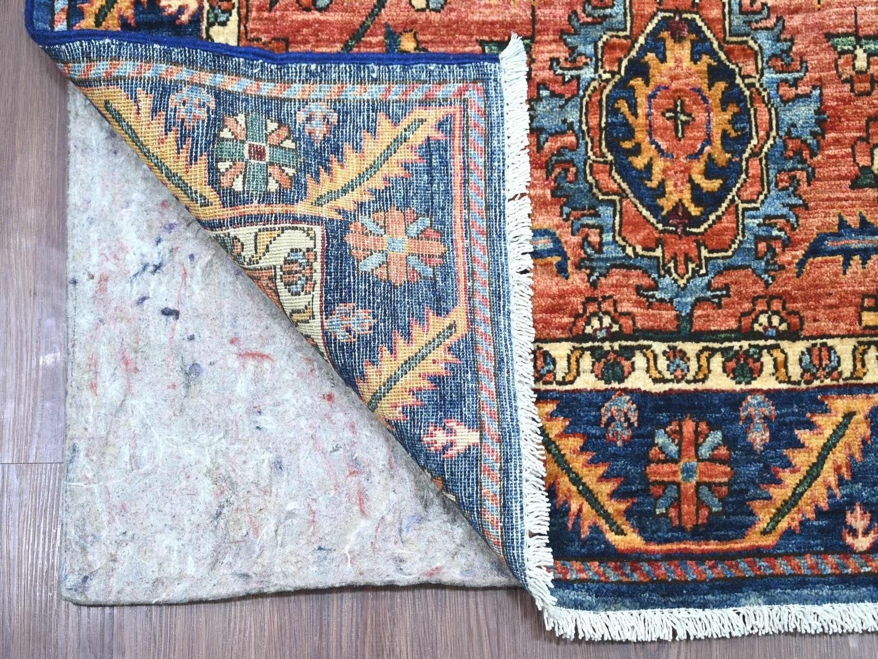 Heriz Tribal & Geometric hand-knotted wool runner in Red & Navy Blue, 3'8" x 15'9" — SKU O021151 (view 2)