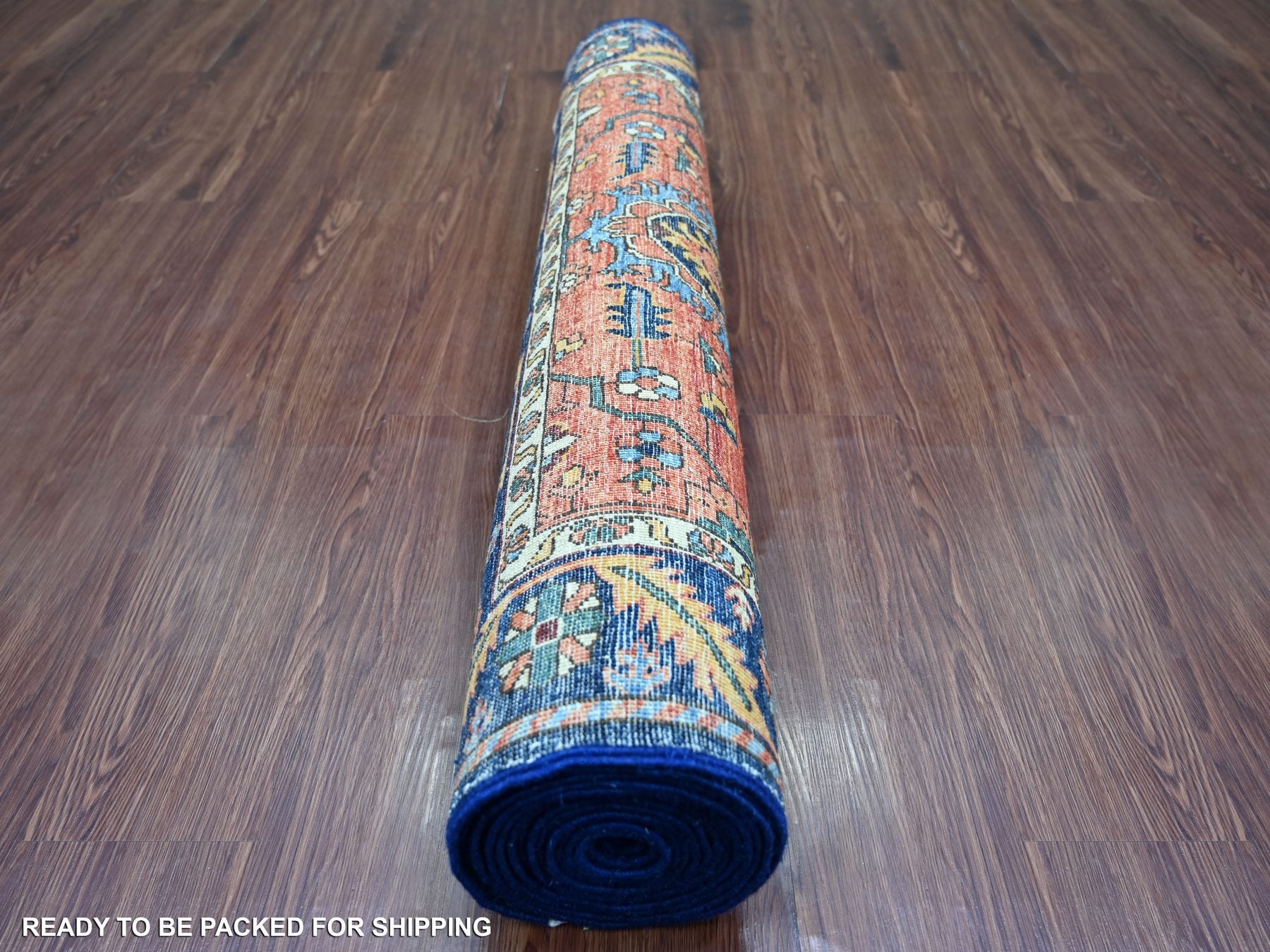 Heriz Tribal & Geometric hand-knotted wool runner in Red & Navy Blue, 3'8" x 15'9" — SKU O021151 (view 4)