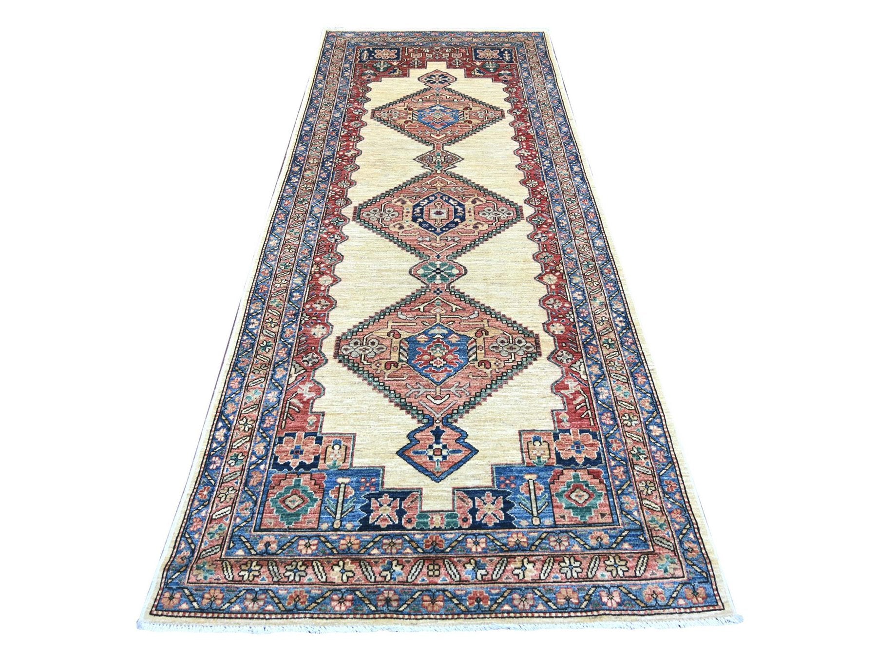 Tribal & Geometric hand-knotted wool runner in Ivory & Rust, 3'11" x 9'10" — SKU O021152