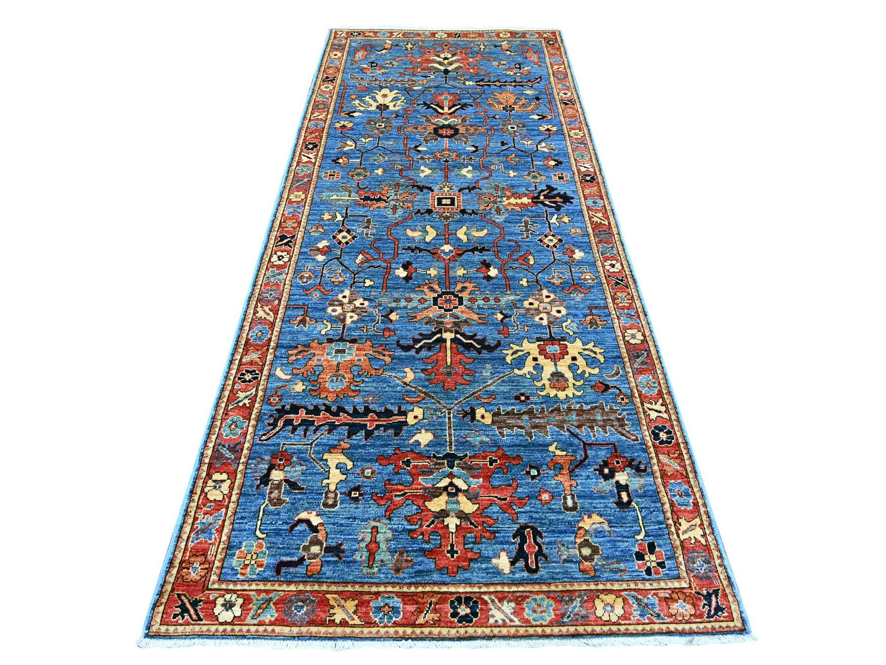 Blue 4'0" x 10'0" Tribal & Geometric Hand knotted Wool Rug - Sku: O021153
