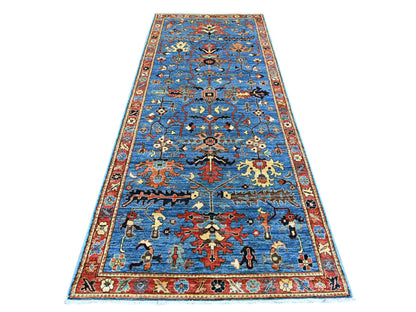 Blue 4'0" x 10'0" Tribal & Geometric Hand knotted Wool Rug - Sku: O021153