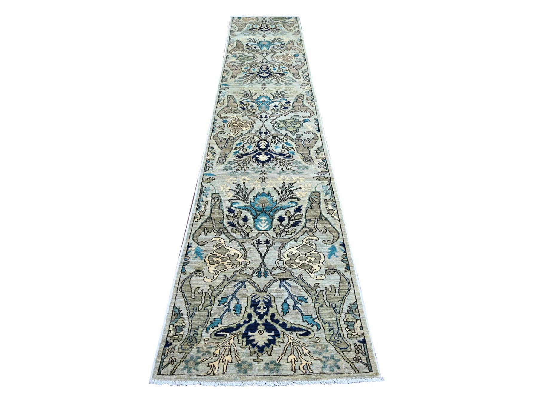 Tribal & Geometric hand-knotted wool runner in Gray, 2'6" x 14'2" — SKU O021154