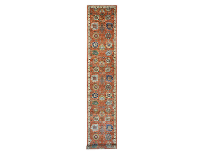 Tribal & Geometric hand-knotted wool runner in Red & Ivory, 2'8" x 15'9" — SKU O021155