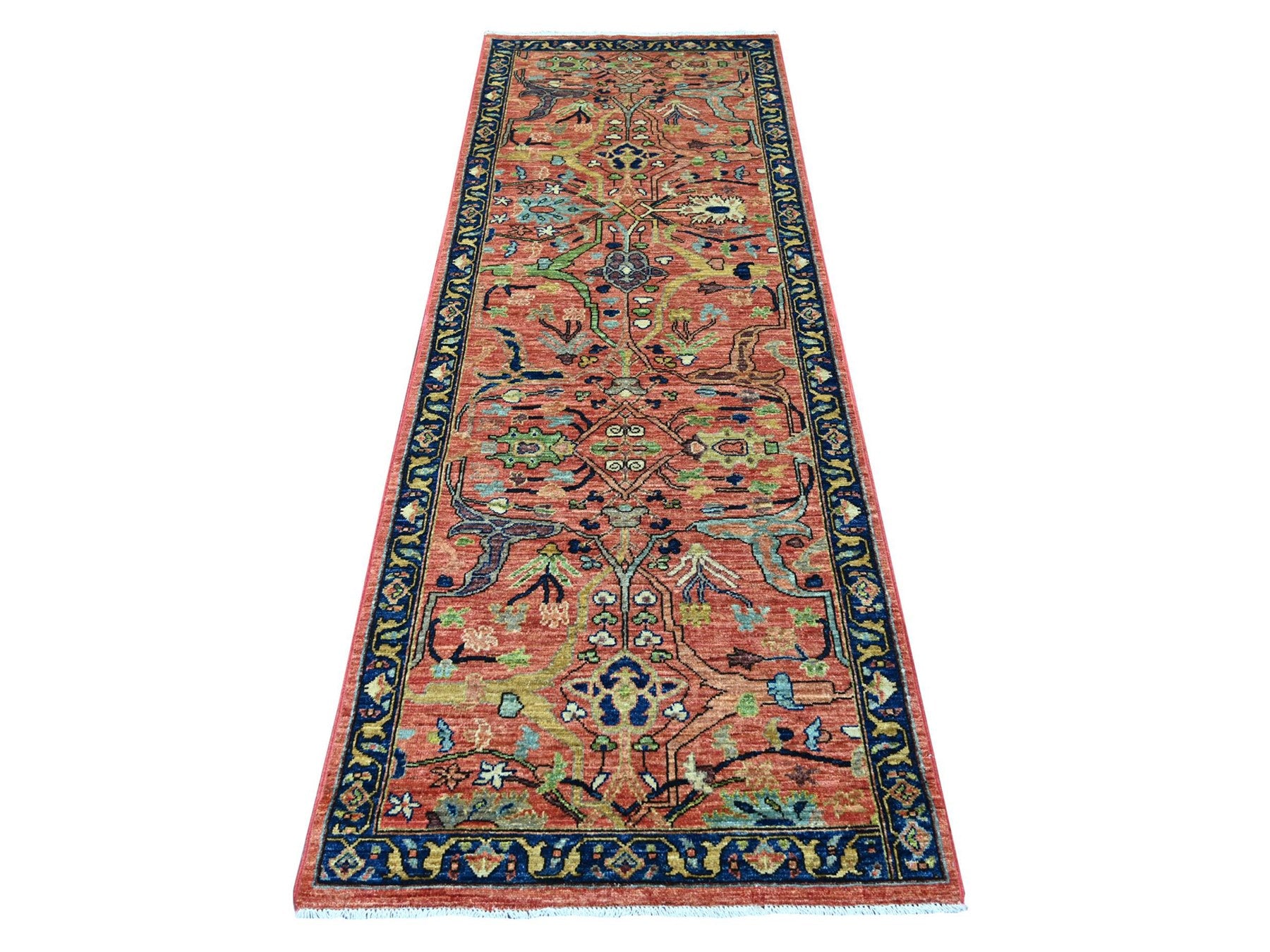 Peshawar Tribal & Geometric hand-knotted wool runner in Red & Navy Blue, 2'11" x 8' — SKU O021160