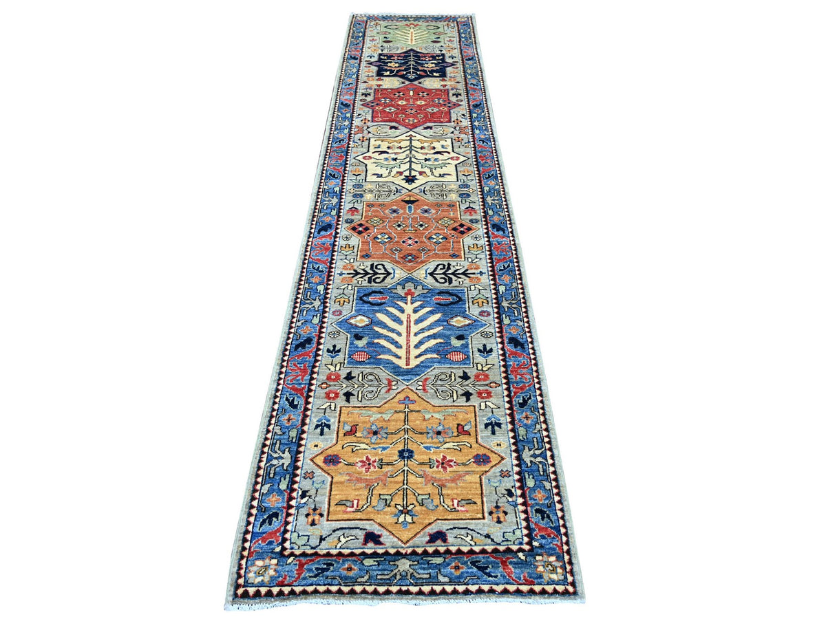 Peshawar Oushak hand-knotted wool runner in Gray & Blue, 2'6" x 11'8" — SKU O021161