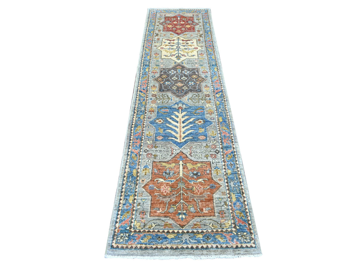 Peshawar Oushak hand-knotted wool runner in Gray & Blue, 2'5" x 9'1" — SKU O021164