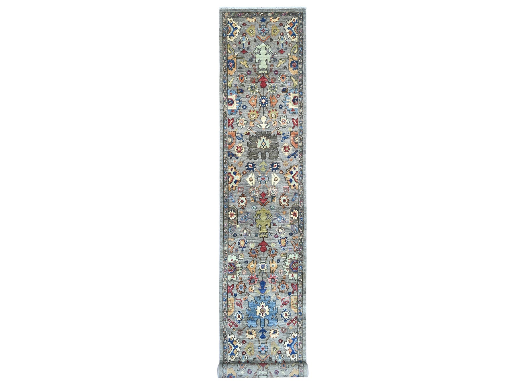 Grey 3'0" x 19'9" Tribal & Geometric Hand knotted Wool Rug - Sku: O021166
