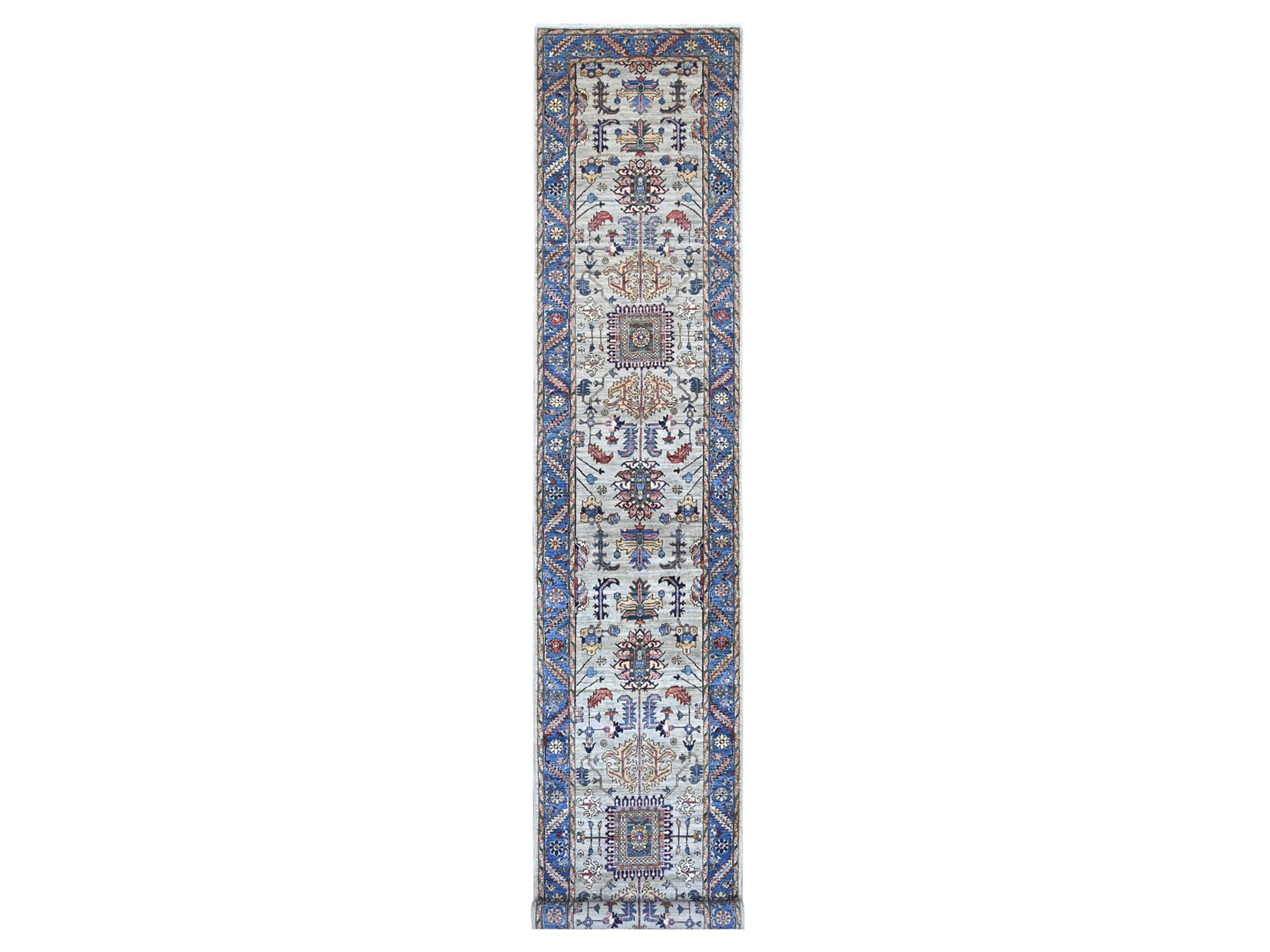 Heriz Tribal & Geometric hand-knotted wool runner in Gray & Blue, 3'1" x 17'5" — SKU O021170