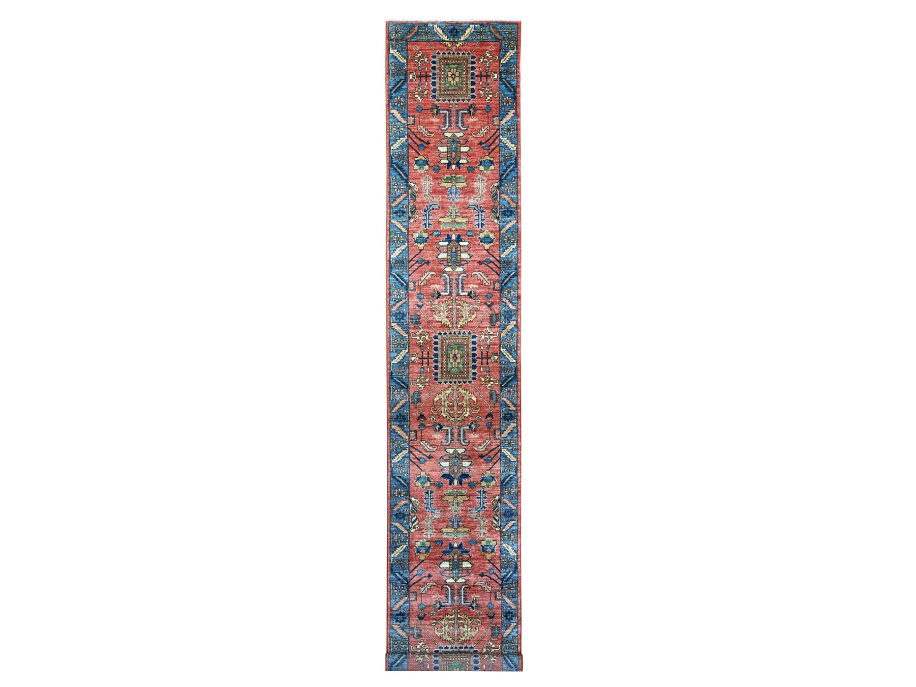 Heriz Tribal & Geometric hand-knotted wool runner in Red & Blue, 2'11" x 17'5" — SKU O021171