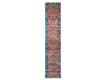 Heriz Tribal & Geometric hand-knotted wool runner in Red & Blue, 2'11" x 17'5" — SKU O021171