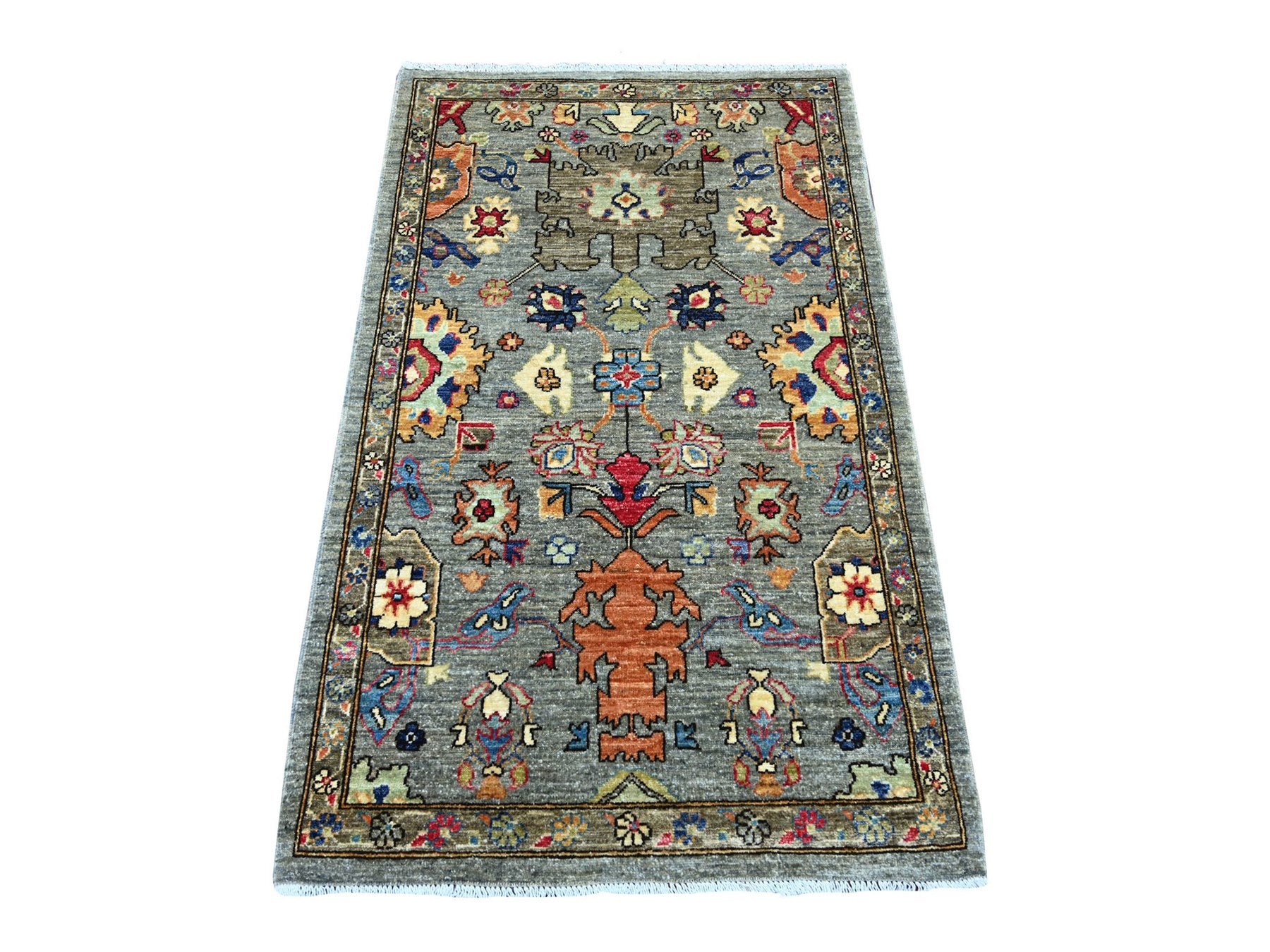 Grey 3'1" x 4'11" Tribal & Geometric Hand knotted Wool Rug - Sku: O021174