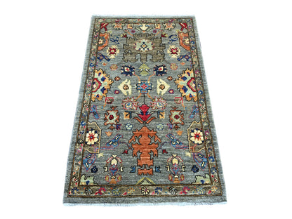 Grey 3'1" x 4'11" Tribal & Geometric Hand knotted Wool Rug - Sku: O021174