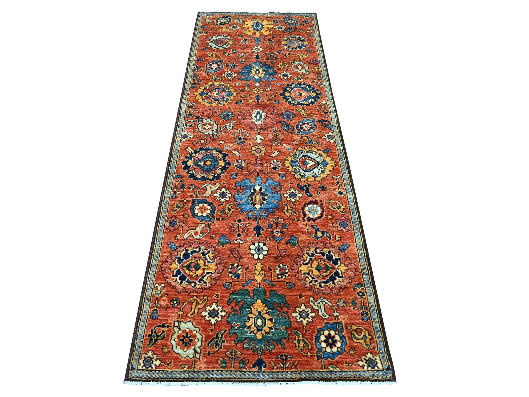 Tribal & Geometric hand-knotted wool runner in Red & Blue, 2'10" x 8'2" — SKU O021176