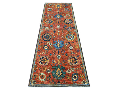 Tribal & Geometric hand-knotted wool runner in Red & Blue, 2'10" x 8'2" — SKU O021176