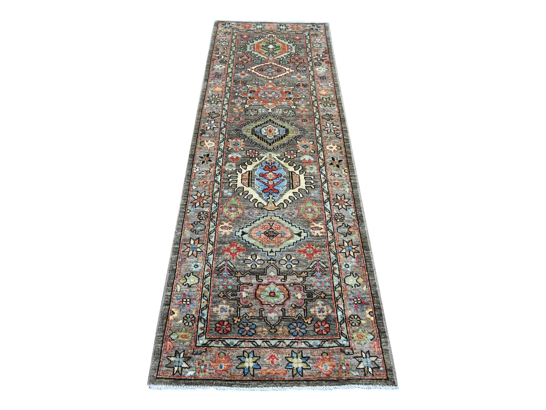 Grey 2'8" x 8'0" Tribal & Geometric Hand knotted Wool Rug - Sku: O021177