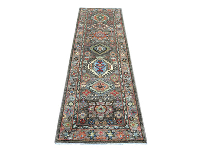 Grey 2'8" x 8'0" Tribal & Geometric Hand knotted Wool Rug - Sku: O021177