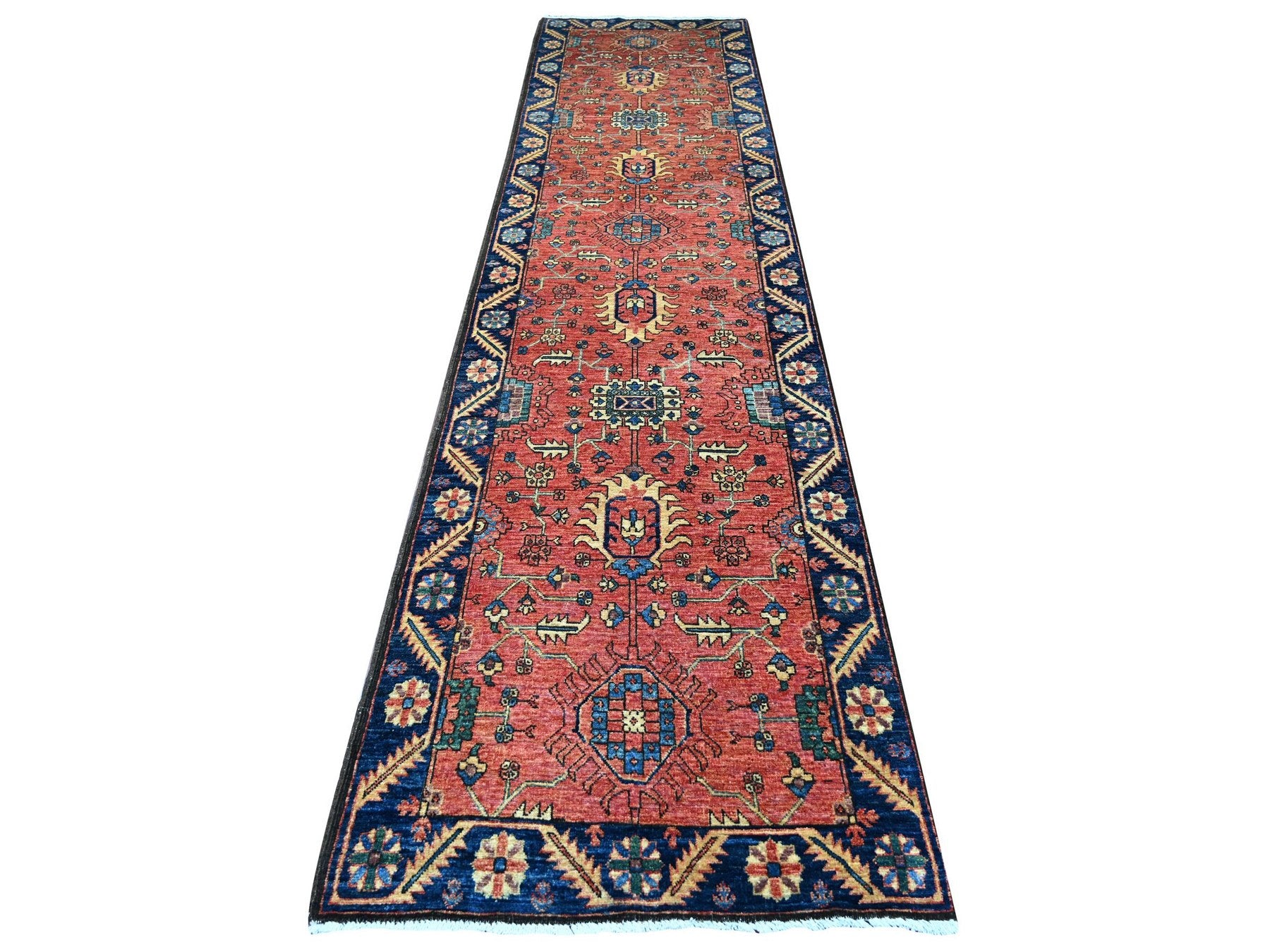 Heriz Tribal & Geometric hand-knotted wool runner in Red & Navy Blue, 3'2" x 13'6" — SKU O021181
