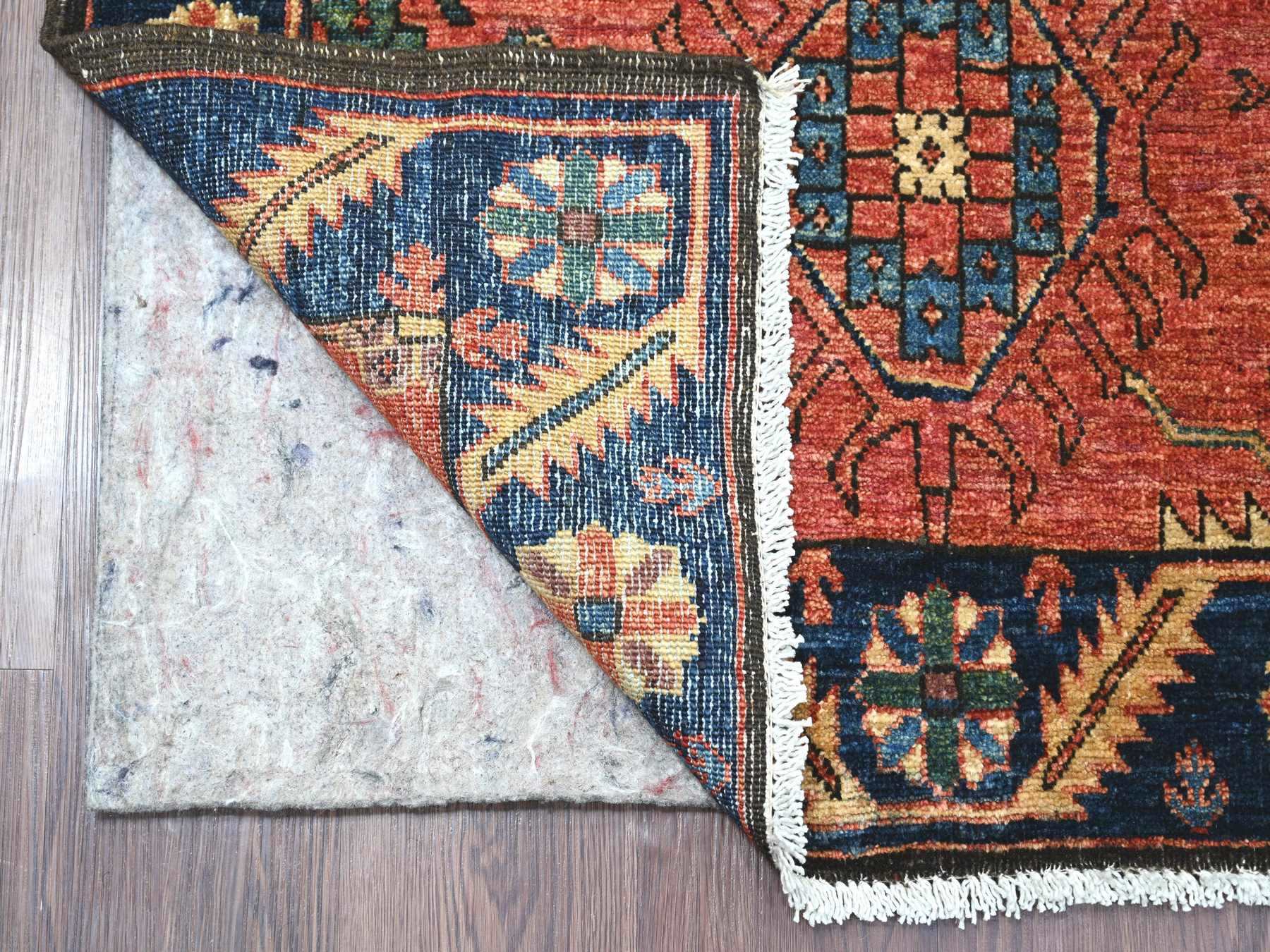 Heriz Tribal & Geometric hand-knotted wool runner in Red & Navy Blue, 3'2" x 13'6" — SKU O021181 (view 2)