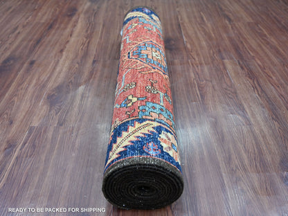Heriz Tribal & Geometric hand-knotted wool runner in Red & Navy Blue, 3'2" x 13'6" — SKU O021181 (view 4)