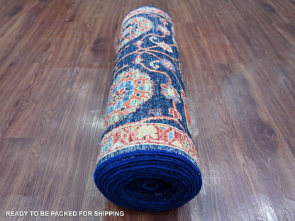 Blue 2'7" x 21'8" Tribal & Geometric Hand knotted Wool Rug - Sku: O021185