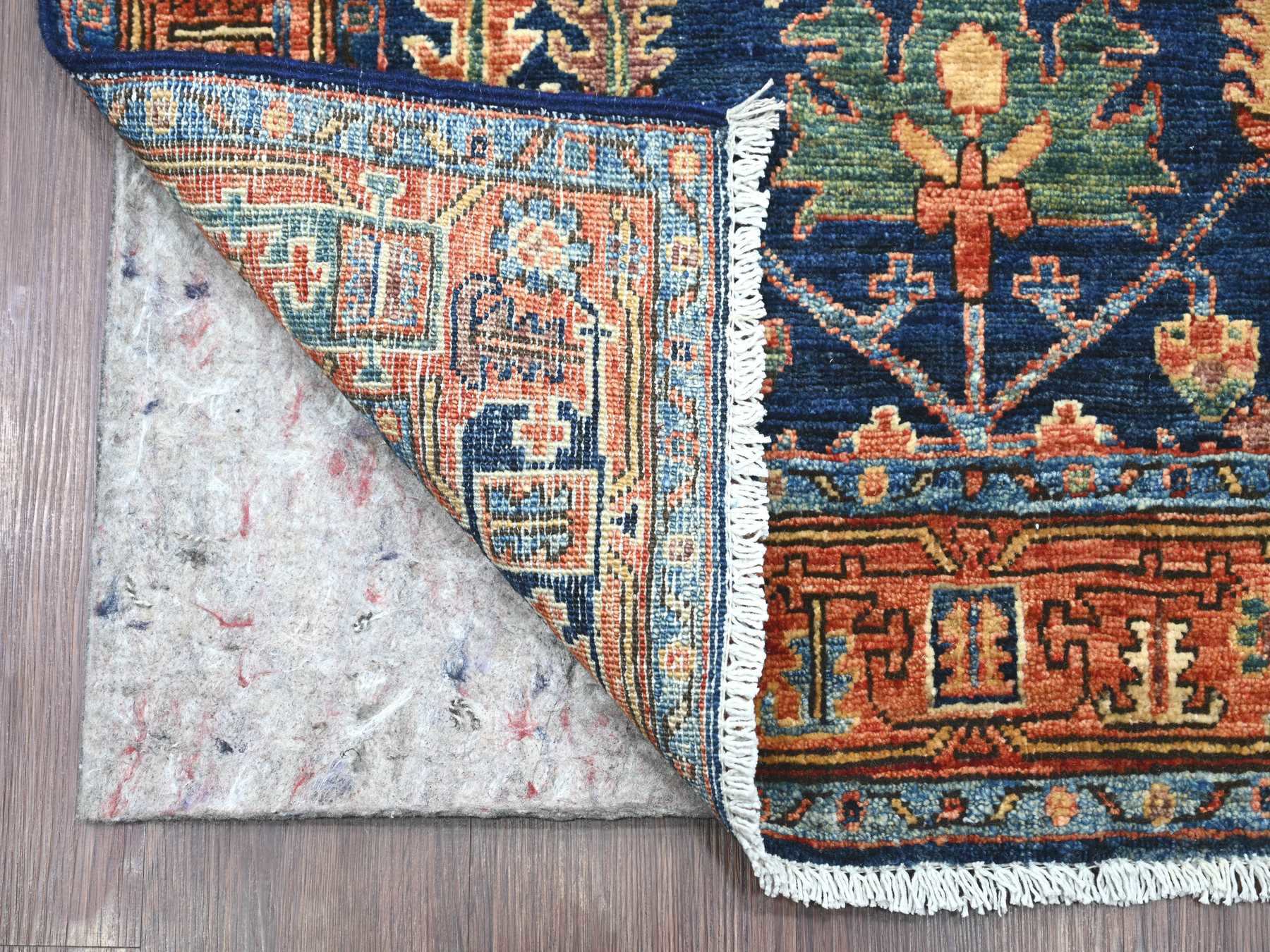 Tribal & Geometric hand-knotted wool runner in Blue & Rust, 3' x 15'7" — SKU O021188 (view 2)