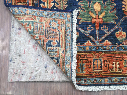 Tribal & Geometric hand-knotted wool runner in Blue & Rust, 3' x 15'7" — SKU O021188 (view 2)